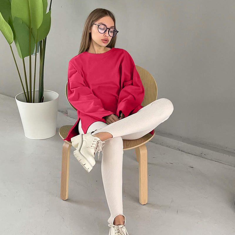 Loose Long Sleeve Split T shirt Women Solid Color Spring Summer Women Clothing Cotton Top
