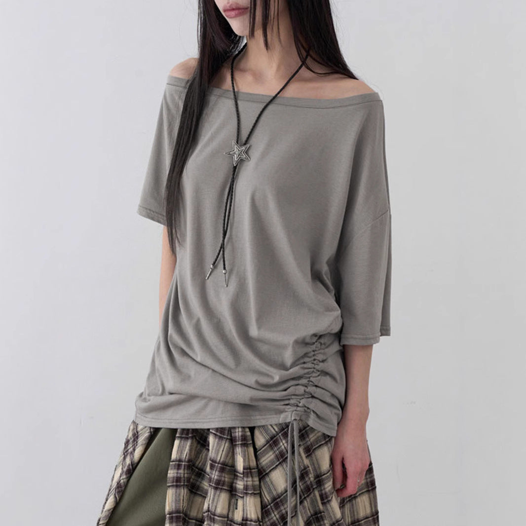 Casual Simple Loose Shoulder Pleating Short Sleeved Top Women Summer Mid Length Solid Color T shirt