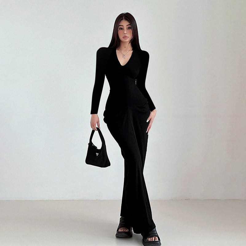 Sexy Long Sleeve V neck Adult Lady like Woman Pleated Waist Tight Slimming Dress