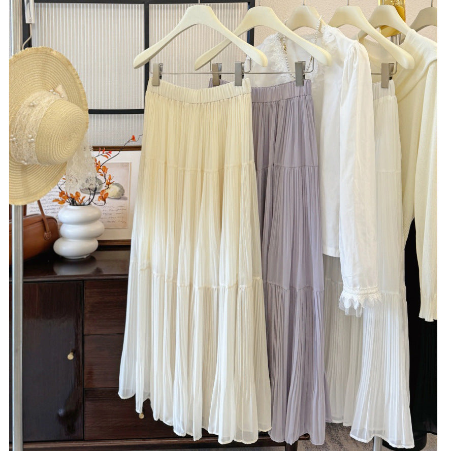 Heavy Duty Pleated Chiffon Skirt High Waist Slimming Gentle All Match Draping Long Skirt Women Skirt
