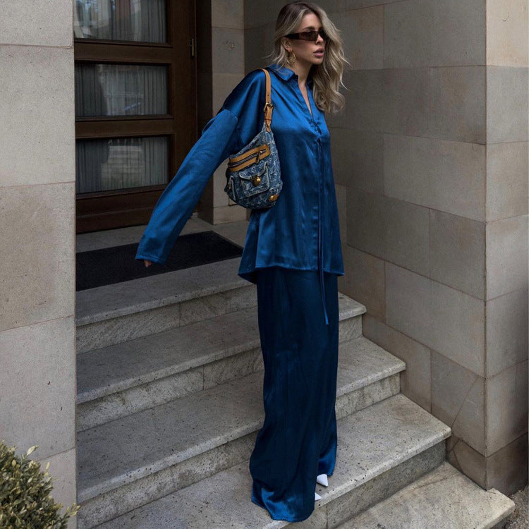 Satin Draping Women Dark Blue Collared Long Sleeve Lace up Shirt Mop Trousers Two Piece Set