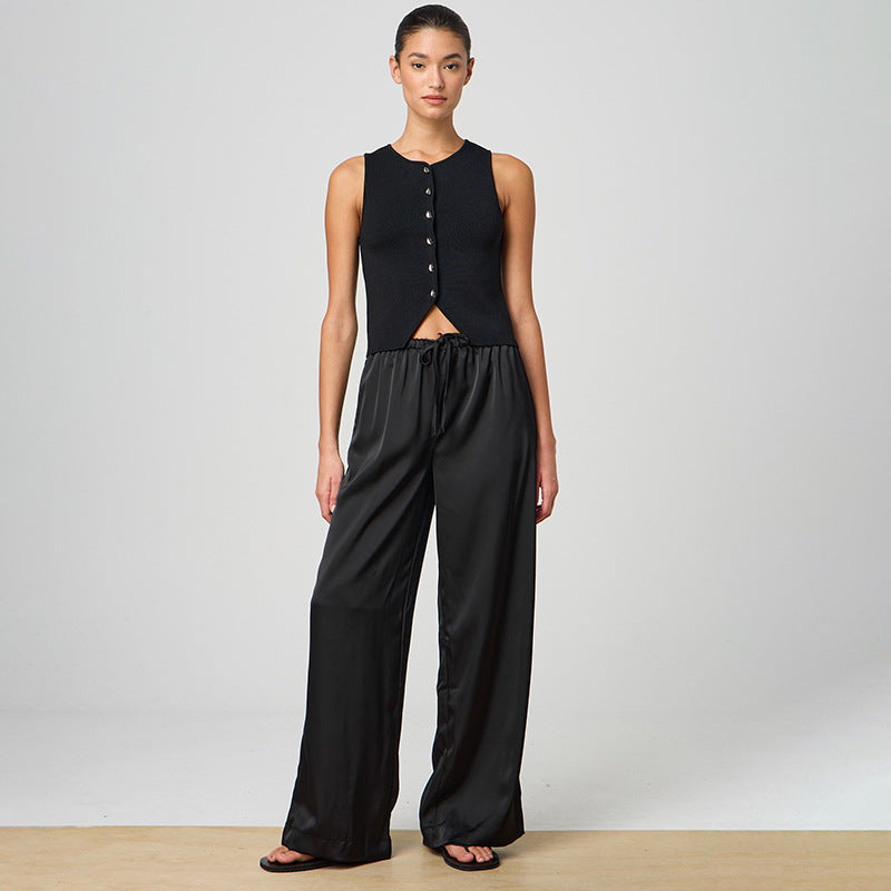 Women Clothing Solid Color Summer Loose Drape Lace up Double Socket Long Casual Pants