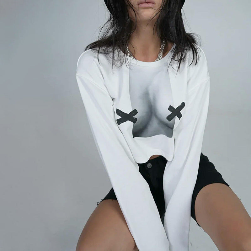 Women Clothing Autumn Abstract Printing Long Sleeve Pullover Short Street Sexy Sweatshirt