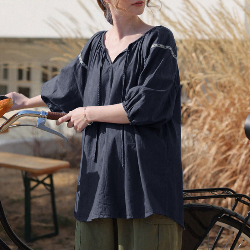 Vacation T shirt Pleating round Neck Tied Half Sleeve Mid Length Top Niche Ribbon Stitching Design Doll Shirt