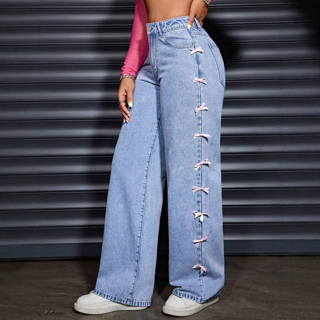 Butterfly Jeans Wide Leg Wash High Waist Straight Leg Pants Women Jeans