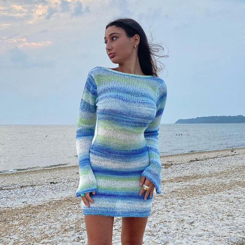 Direct Autumn Winter Contrast Color Sweater Dress Women Backless Long Sleeves round Neck Striped Dress
