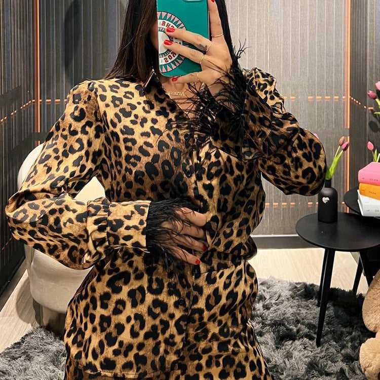 Leopard Print Printing Women Design Stitching Feather Long Sleeve Shirt High Waist Wide Leg Pants Two Piece Set