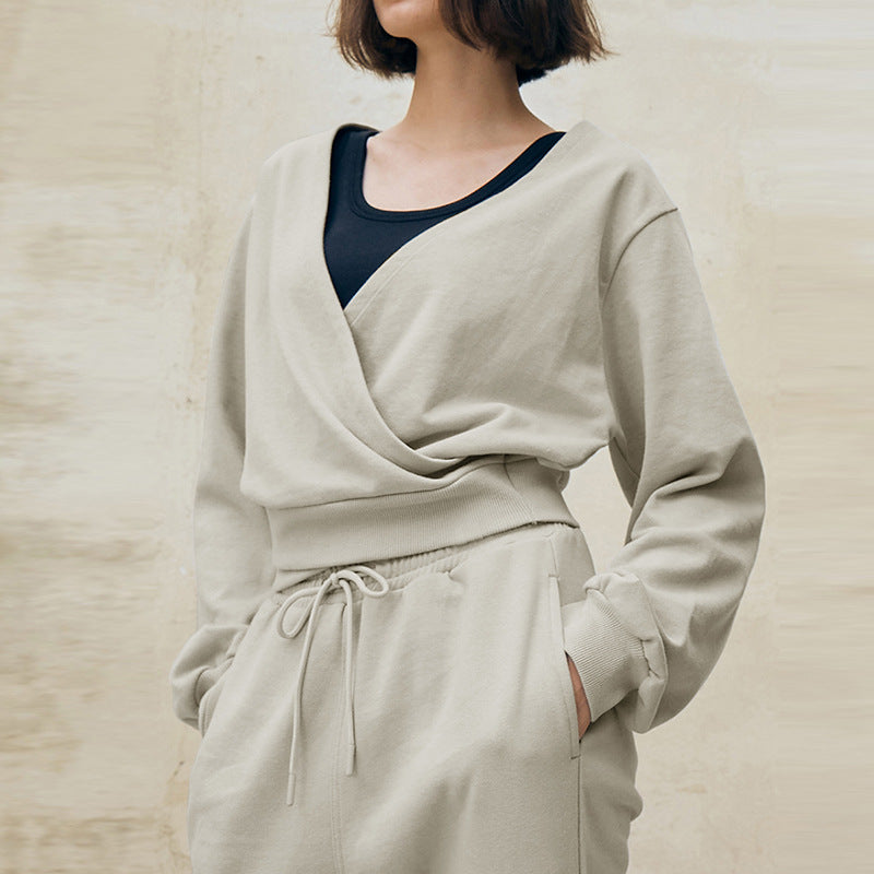Casual Sports Top Women Clothing V Neck Placket Design Short Sweatshirt