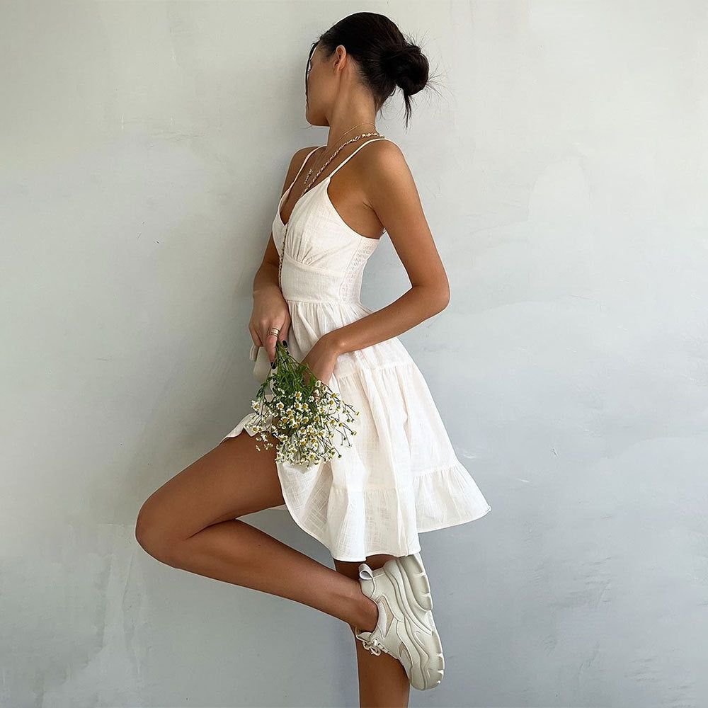 Linen Sling Dress Summer Sleeveless Sexy Slim Back Smocking Sexy Cami Dress