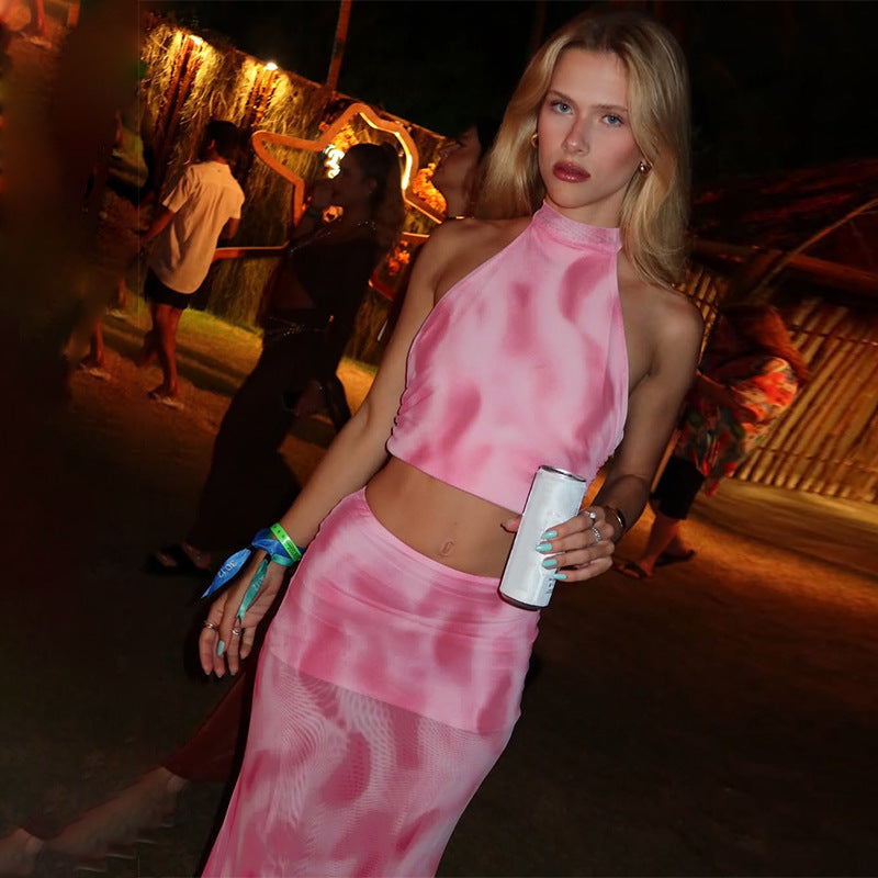 Summer Women Clothing Sexy Halter Backless Print Mesh Skirt Two Piece Set