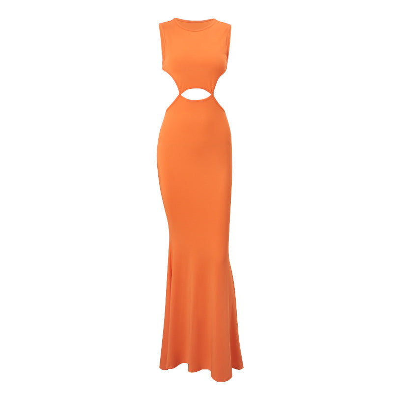 Women Clothing Summer Sexy Side Hollow Out Cutout High Waist Slim Fit Solid Color Sheath Dress Women