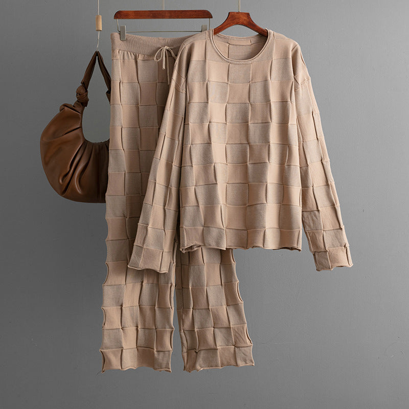 Square Plaid Knitting Women Autumn Winter Loose Fitting Oversized Sweater Casual Wide Leg Pants Two Piece Set