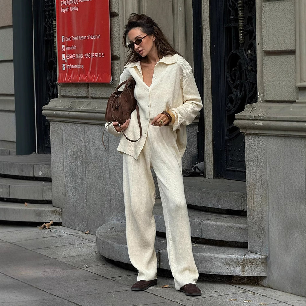 Collared Long Sleeve Knitting Autumn Winter Loose Office Bedford Cord Sweater Two Piece Sets