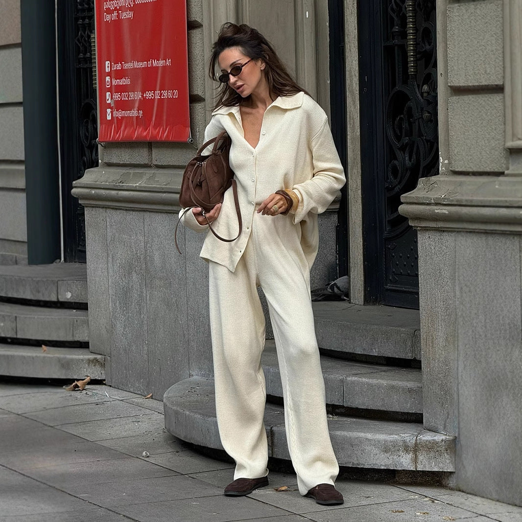 Collared Long Sleeve Knitting Autumn Winter Loose Office Bedford Cord Sweater Two Piece Sets