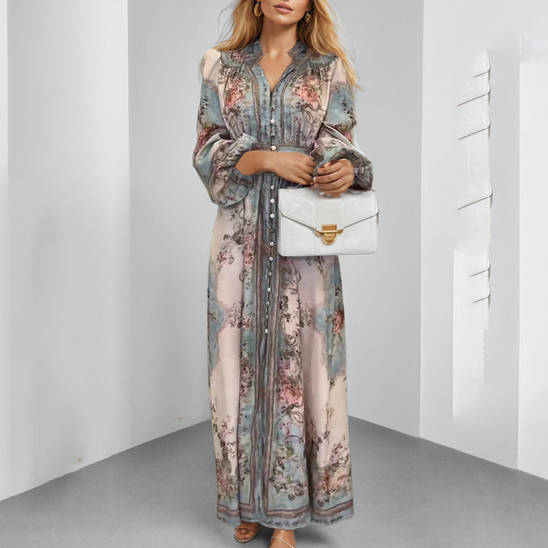 Women Clothing Elegant V neck Printed Long Sleeve Dress
