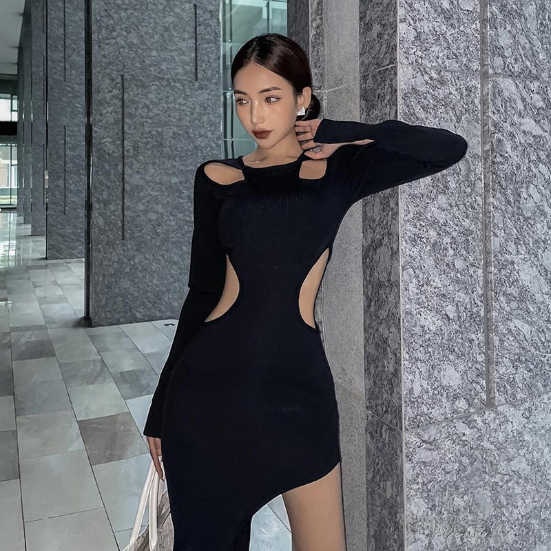 Autumn Solid Color round Neck Pullover Long Sleeve Hollow Out Cutout High Split Women Clothing Dress Women