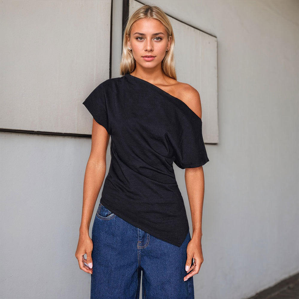 Women Clothing Adult Lady like Woman Diagonal Collar T shirt Spring Summer off Shoulder Slim Fit Figure Flattering Short Sleeve Top