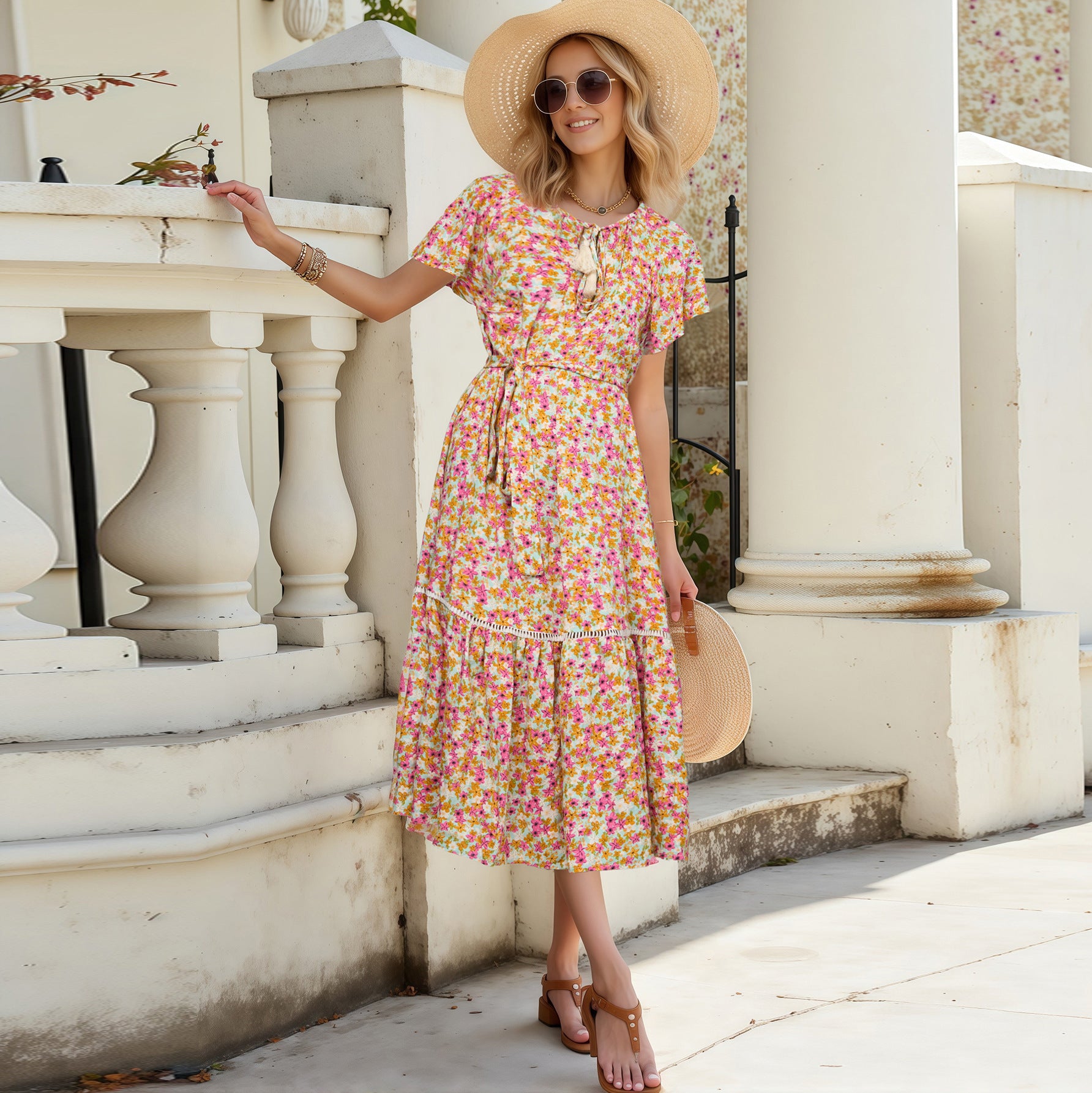 Summer Short Sleeve Floral Ruffled Stitching Vacation Dress