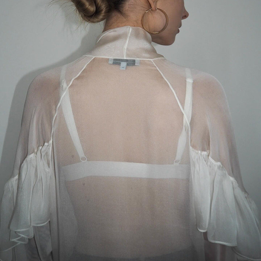 French Spring Summer Ruffled Ribbon Tencel Shirt Women Top
