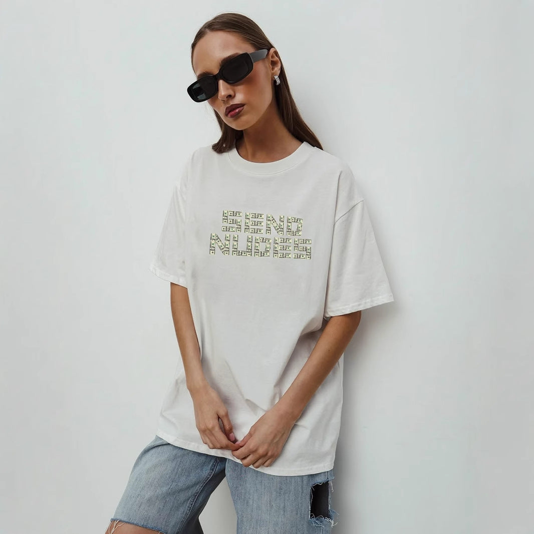Simple Printed T shirt Women Summer Loose round Neck Cotton Short Sleeve Top