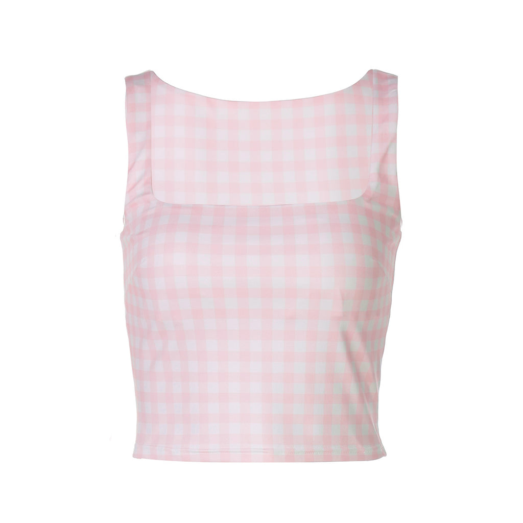 Women Clothing Summer Square Collar Plaid Printed Slim Fit Cropped Vest