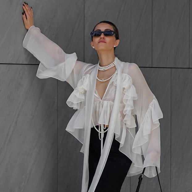 French Spring Summer Ruffled Ribbon Tencel Shirt Women Top