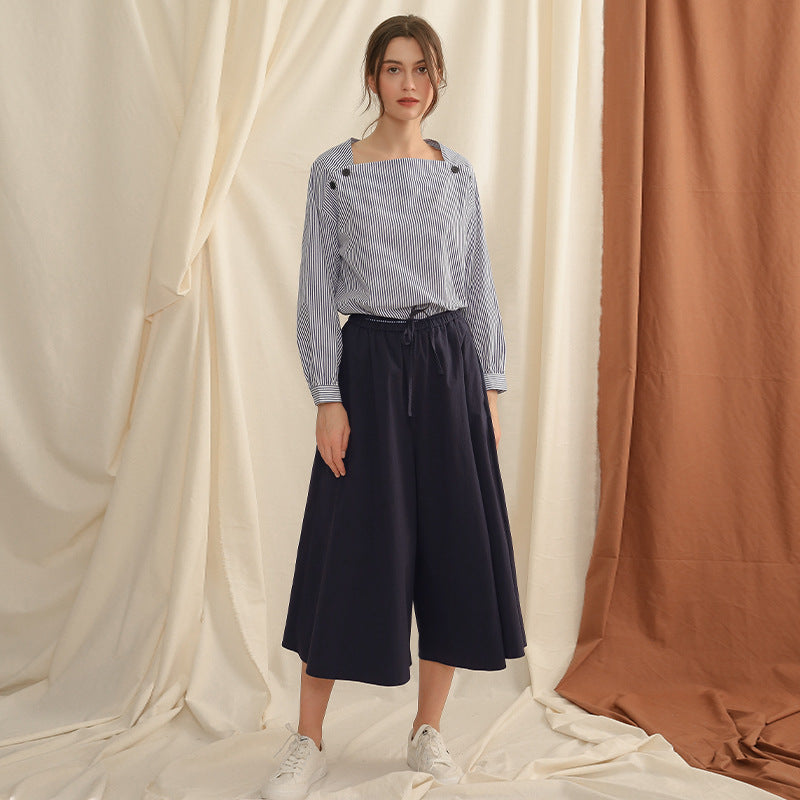 Niche Design Square Collar Shirt Spring Office Bandage Dress Striped Loose Long Sleeve Pullover Top Women