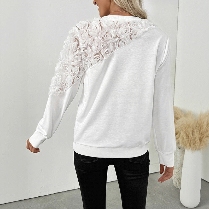Graceful Personality Elegant Rose Three Dimensional Floral Decorative Long Sleeve Solid Color Hoodie Women