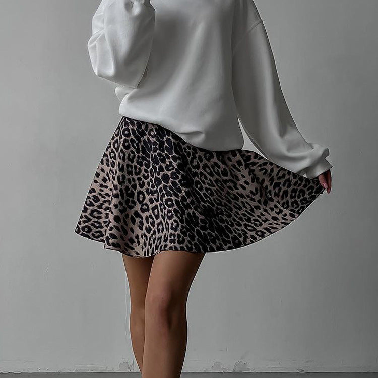 Leopard Print Printed Sexy Skirt Women All Match High Waist A line Skirt