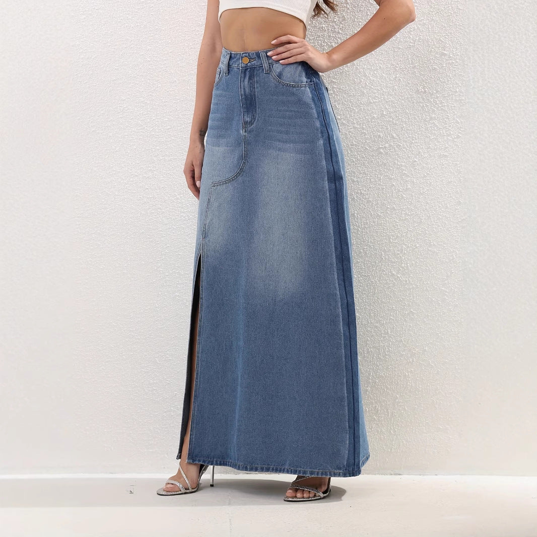 Denim Skirt High Waist Slimming Mid Length Niche Slit Half Length Skirt